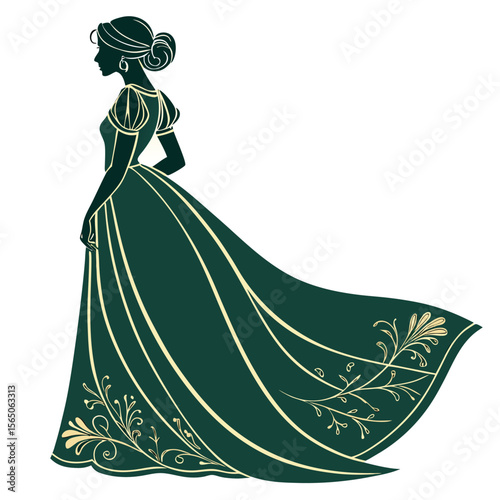 A rich forest green empire dress with flowing fabric, showcasing elegant design and a timeless beauty.