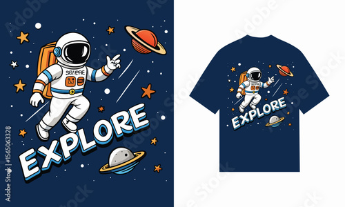 Navy Blue T Shirt Design Astronaut Space Explore Planets Stars