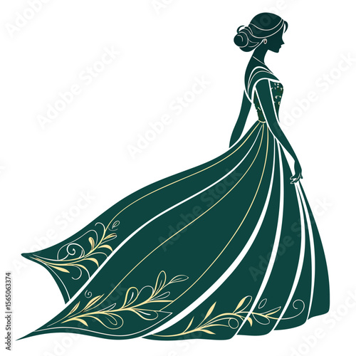 A rich hunter green empire dress with flowing fabric, showcasing elegant draping and a luxurious feel.