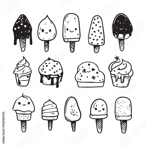 cute kawaii ice cream vector silhouette, Cute Cartoon Ice Cream Treats with Faces, Collection of Ice Cream in Different Flavors and Cones, Perfect for Summer Treats and Desserts
