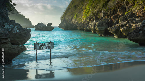 Hidden Coastal Cove with Crystal Blue Water and Rocky Cliffs ,Perfect Nature Escape, Ocean Cave Entrance with Turquoise Water and Blue Sky Background.