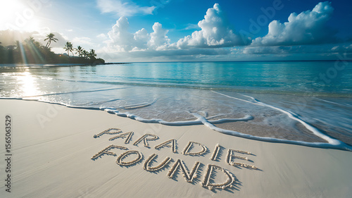 Tropical Beach Paradise ,Stunning Ocean View with Palm Trees and Clear Blue Skies, Background.