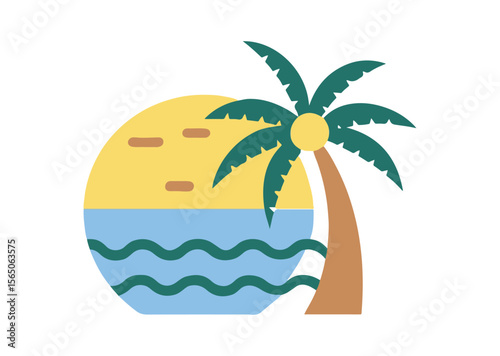 Beach with Palm Tree Vector, Palm Tree Colorful Icon