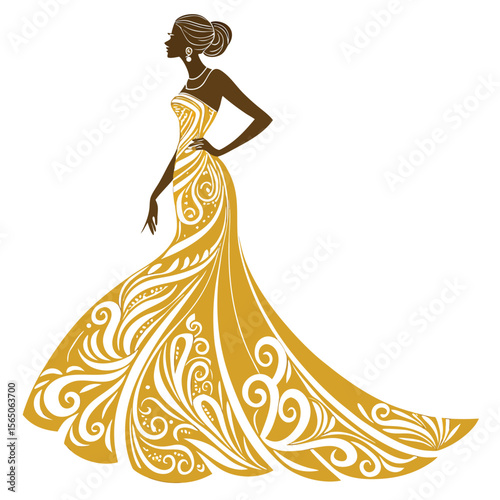 A striking amber gold mermaid gown, opulent and rich, featuring a luxurious design for a grand occasion.