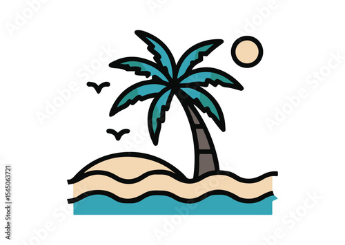 Beach with Palm Tree Vector, Palm Tree Colorful Icon