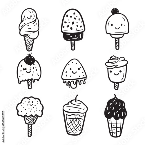 cute kawaii ice cream vector silhouette, Cute Cartoon Ice Cream Treats with Faces, Collection of Ice Cream in Different Flavors and Cones, Perfect for Summer Treats and Desserts