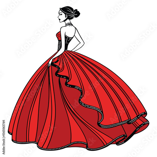 A striking scarlet red ball gown, bold and unforgettable, perfect for a dramatic and grand entrance.