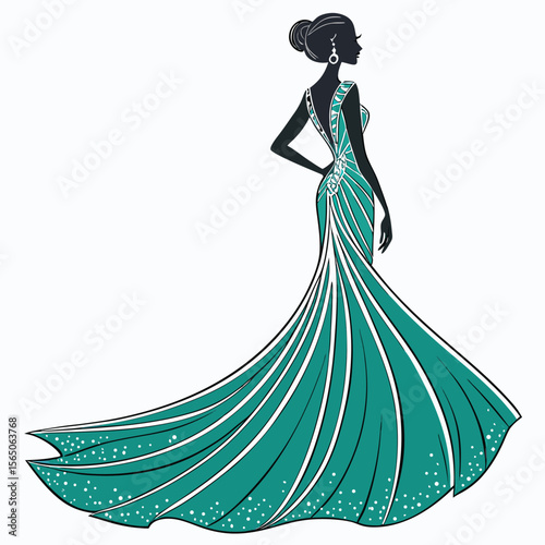 A striking teal mermaid wedding dress, adorned with intricate details, creating a unique and elegant bridal statement.
