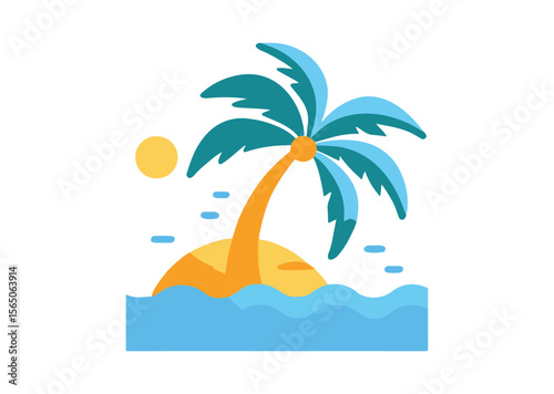 Beach with Palm Tree Vector, Palm Tree Colorful Icon