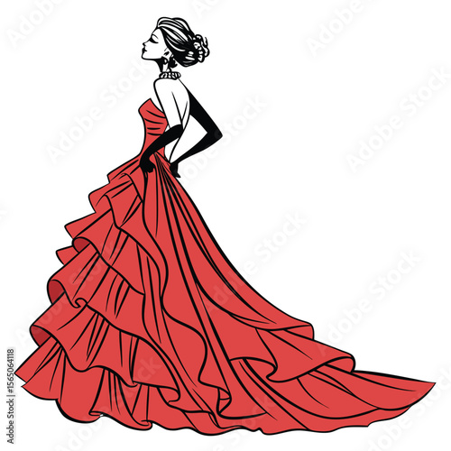 Striking scarlet red A-line gown, bold and passionate, perfect for a dramatic and unforgettable entrance.
