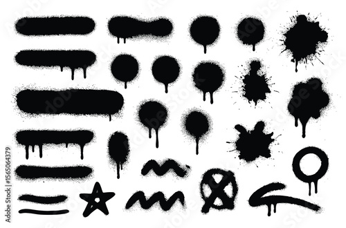 Dirty graffiti spray texture set, dripping paint splatter, grunge brush line, stencil mark, urban doodle element, ink circle stain, banner splash, abstract street art overlay
