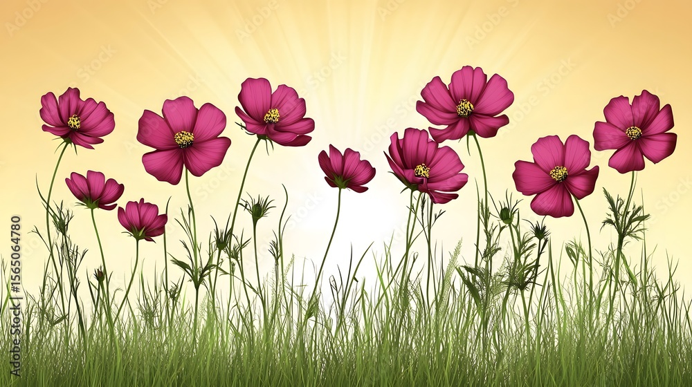 Fototapeta premium Vibrant Pink Cosmos Flowers in Sunny Meadow