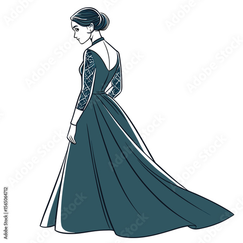 Deep teal blue A-line gown with velvet texture, featuring luxurious long sleeves for a sophisticated look.