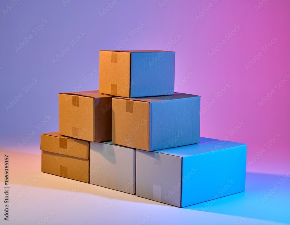 Obraz premium Stack of Cardboard Boxes under Neon Light