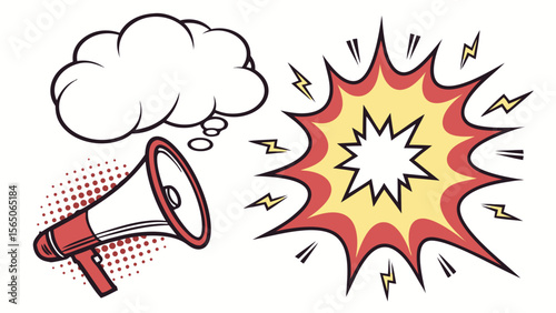 A colorful explosion graphic paired with a megaphone, symbolizing loud announcements and powerful messages.
