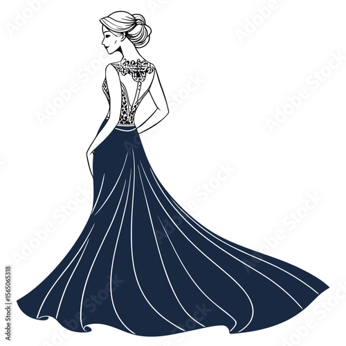 Sophisticated navy blue trumpet gown, elegant and sleek, perfect for a refined and glamorous occasion.