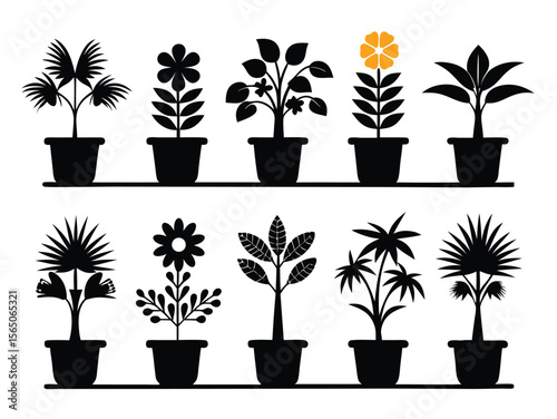 Set of modern illustrations with silhouettes of plants in pots
