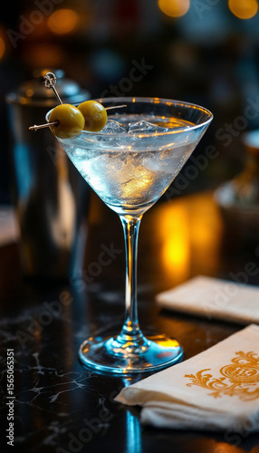Classic gin martini with olives in a cocktail glass