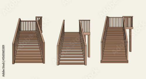 Three Distinct Designs of Wooden Outdoor Stairs Leading Up to a Raised Platform