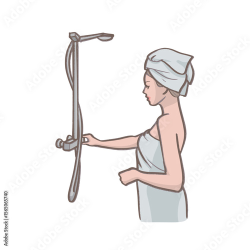 Woman in a bathrobe taking a shower (turning on the water tap)
