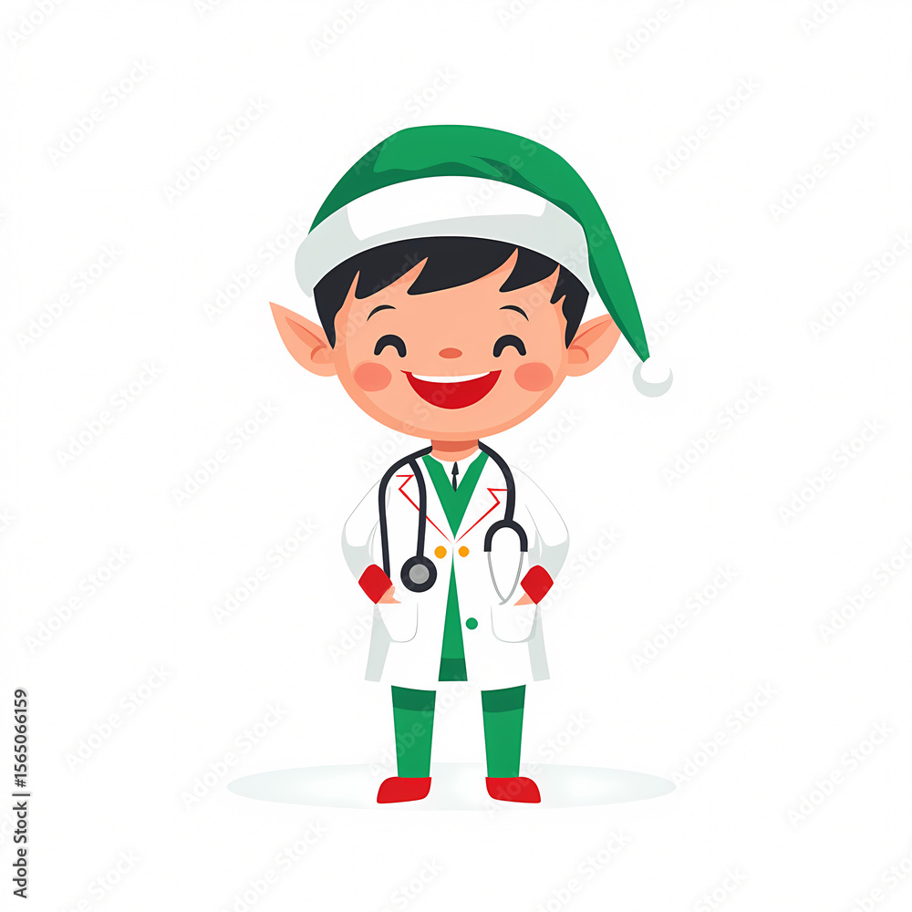 Holiday Elf Doctor Character Wearing White Lab Coat and Stethoscope, Smiling in Minimal Flat Style on White Background Holiday Elf Doctor Character Wearing White Lab Coat and Stethoscope, Smiling in Minimal Flat Style on White Background