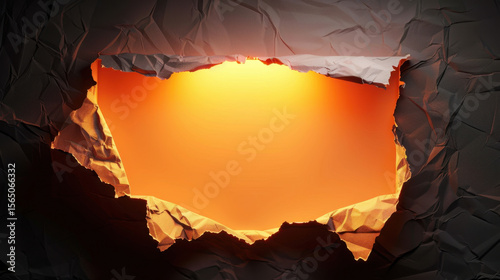 Crumpled paper background with glowing orange light shining through torn section, creating dramatic and warm atmosphere. texture adds depth and interest to composition