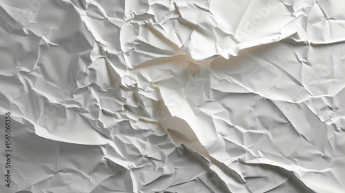 Crumpled white paper texture with intricate folds and creases, creating dynamic and abstract background that evokes sense of depth and complexity