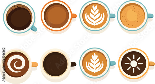 Coffee Cup Top View Icon Set – Espresso, Latte Art, Cappuccino, and Mocha in Flat Vector Style
