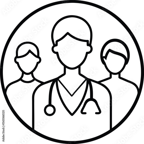 Doctor with male and female patients healthcare icon representing medical care and wellness