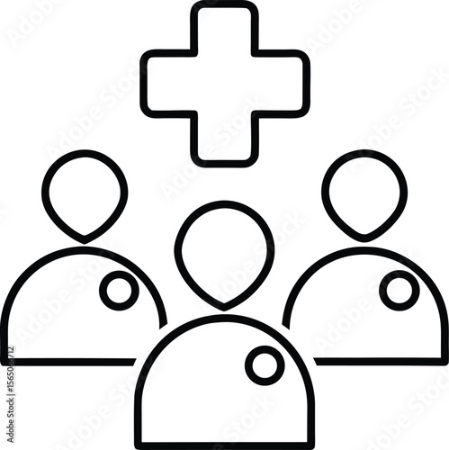 Diverse healthcare team members collaborating with a medical cross symbol