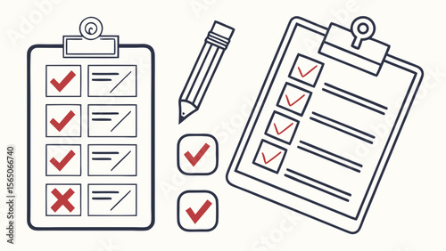 Vector illustration of checklists with completed tasks and a pencil, symbolizing organization and productivity.
