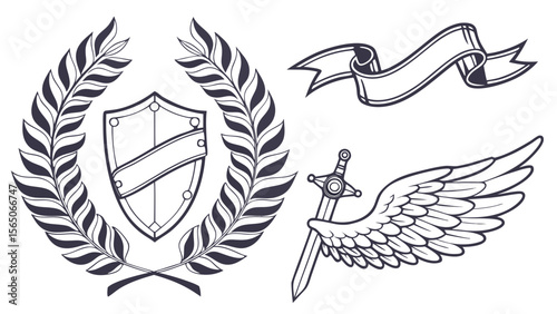 A collection of vintage heraldic symbols featuring a shield, sword, wings, and laurel leaves, ideal for logo design.