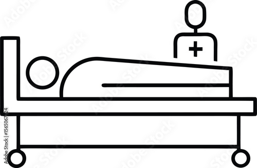 Line art illustration of a patient resting in a hospital bed with healing symbols