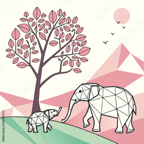 geometric elephant tree landscape, low poly, pastel colors, triangular mountains, surreal, minimalist, digital art
