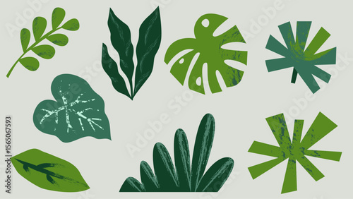 Collection of abstract green tropical leaves in flat vector style with rough textures and organic shapes. Concept of branding and packaging for eco-friendly products