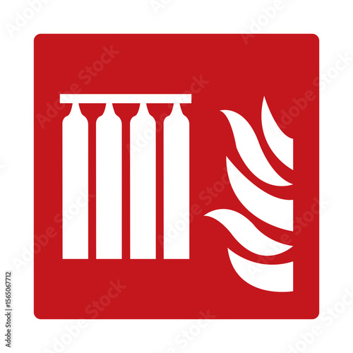 Battery of cylinders for a stationary fire extinguishing system. Red fire sign. Fire fighting equipment sign. Marking the location of fire extinguishers, water barrels and fire hydrants.