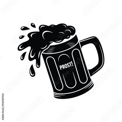Black and White Beer Mug with Prost Text and Spilled Foam