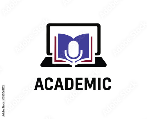 Academic Online Learning Logo with Book, Laptop, and Microphone, Vector logo design featuring an open book inside a laptop screen with a microphone icon in the center. Represents digital education, 

