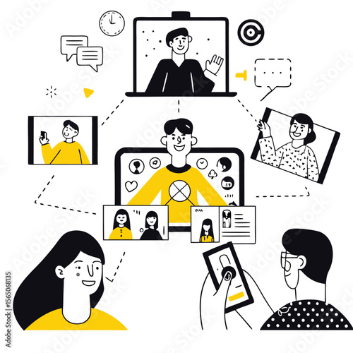 Connecting Digitally: Vibrant Flat Vector Illustrations for Online Communication, Remote Work, and Social Networking
