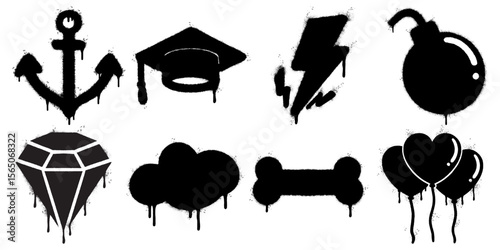 Graffiti Icon Set  Dripping Black Spray Paint Symbols on White Background. Includes anchor, graduation cap, lightning bolt, bomb, diamond, cloud, bone, and heart shaped balloons.