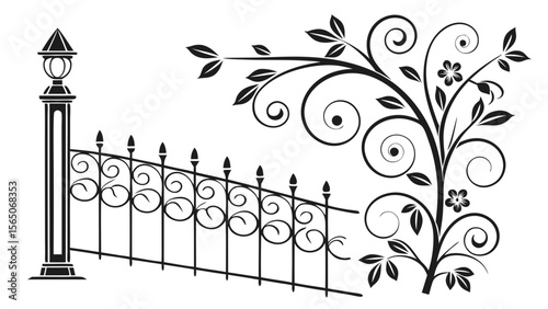 Elegant black wrought iron fence entwined with floral designs, creating a whimsical and artistic entrance.