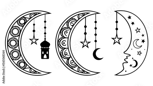 Stylized black and white moon illustrations featuring intricate designs, lanterns, and stars, perfect for decorative use.