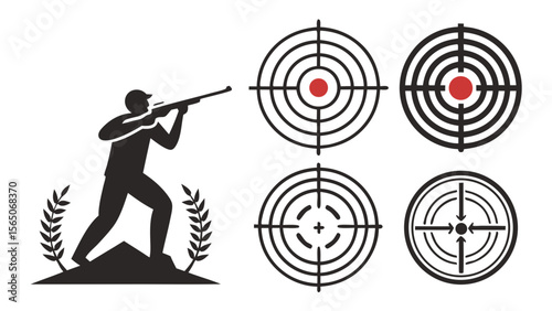 A silhouetted marksman aims at various shooting targets, showcasing precision and focus in a dramatic display.