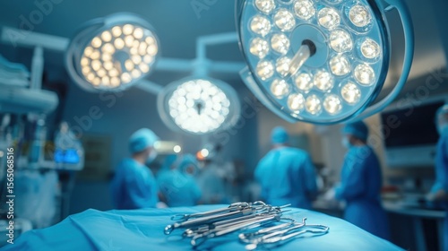 Surgeons perform a complex operation in a modern surgical theater with advanced lighting