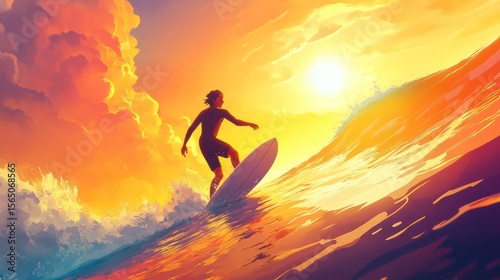 A vibrant surfer cartoon of a character paddling out on a surfboard, framed by a glowing ocean and bright sky