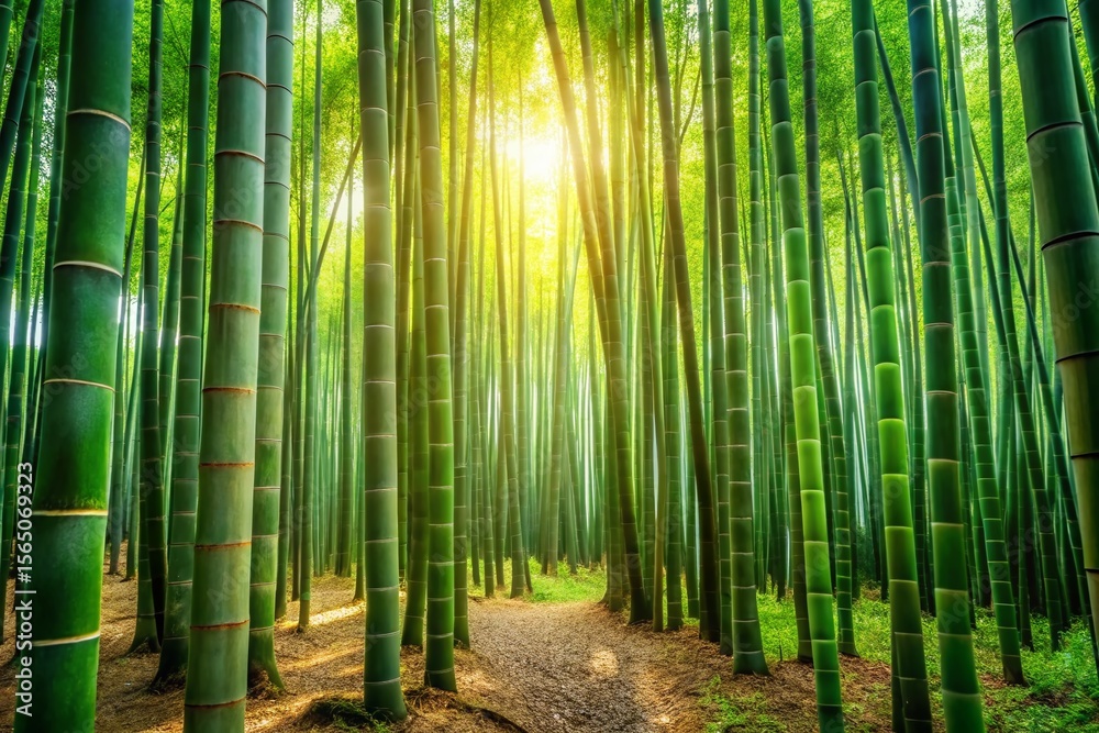 Fototapeta premium Serene Bamboo Forest: Morning Light Dappled Shadows