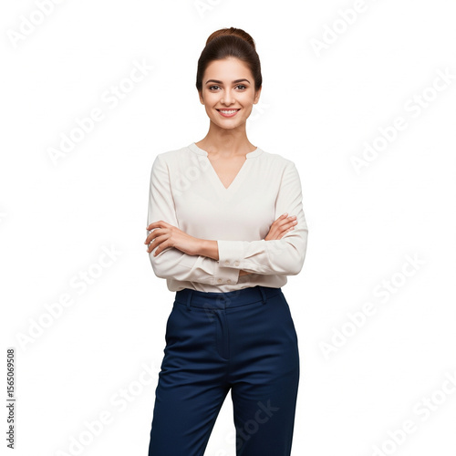 young white-skinned Indian woman standing with crossed arms and smile