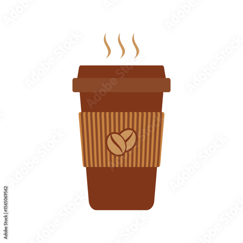 Vector illustration of a brown takeaway coffee cup with steam and striped sleeve. Ideal for cafe branding, menu design, beverage packaging, and morning lifestyle content.