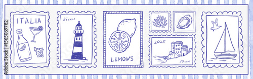 Summer coastal Italy stamp frames lemon. Vintage Amalfi vacation postcard with seaside, oyster, boat and lighthouse. Hand drawn vector crayon Mediterranean sea poster, travel illustration in blue