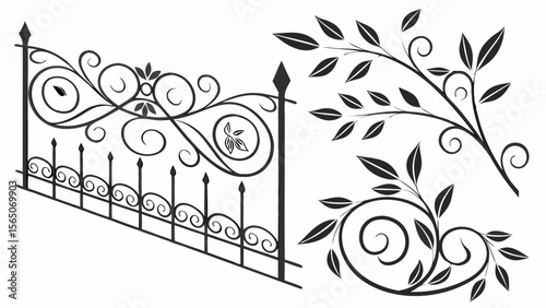 Elegant wrought iron fence design with floral motifs and leaf accents.